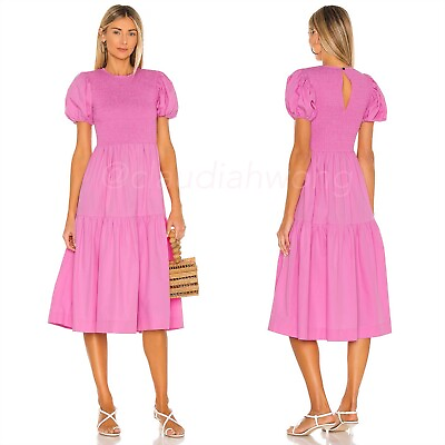 #ad SWF Reborn Pink Puff Sleeve Smocked Tiered Midi Dress XS Anthropologie