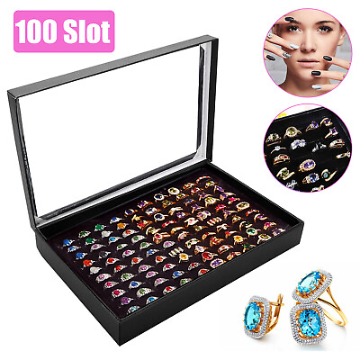 #ad 100 Slots Jewelry Ring Display Organizer Tray Holder Earrings Storage Boxes Case $9.98