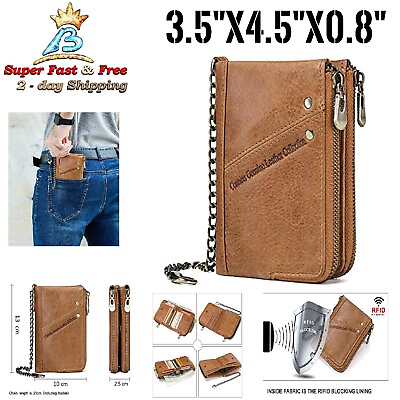 #ad Mens Brown Bikers Genuine Leather Bifold Wallet 3.5quot;x4.5quot; With Anti Theft Chain $45.08