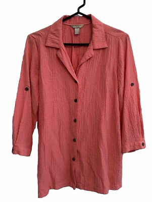 #ad White Stag Top Womens Size Medium M 8 10 Pink Blouse Roll Tab Sleeve Buttons