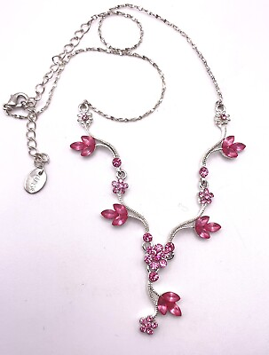 #ad Claire’s Silver Chain Pink Rhinestone Flowers Floral Y Necklace Spring Prom VTG