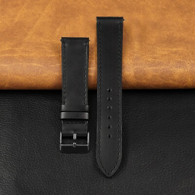 #ad 20mm Black Flat Watch Band Men Black Buckle Leather Watch Strap Classic Handmade