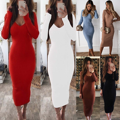 #ad Womens Sexy V Neck Ribbed Bodycon Dress Long Sleeve Evening Cocktail Party Dress