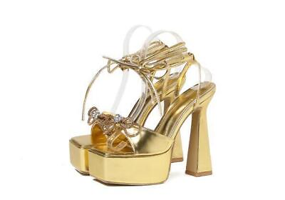 #ad Womens Fashion Peep Toe Diamante Bowknot Summer Strappy Sandals Block High Heel