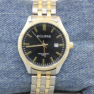 #ad Eclipse Mens Watch Quartz Two Tone Metal Band Round 38 mm Case Black Dial Date