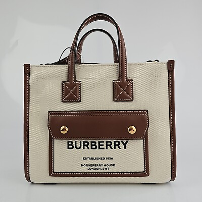 #ad Burberry Mini Freya Natural Tan Leather And Canvas Tote Bag New