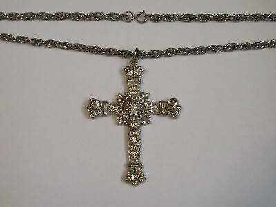 #ad Vintage large 56x75mm religious ornate cross pendant on 24quot; chain necklace