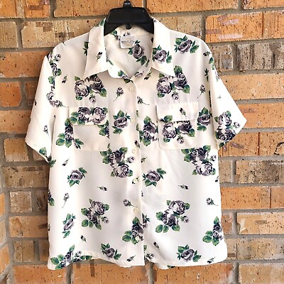 #ad Bentley Women#x27;s Top Blouse Button Front Short Sleeves Creme Floral Size 2X
