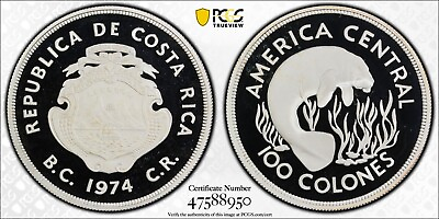 #ad 1974 100 COLONES SILVER COSTA RICA MANATEE PCGS PR68 DCAM #47588950 $199.99