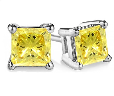 #ad 1.00 Ct Fancy Canary Yellow Princess Diamond Studs Earrings Man Made 14k SE05101