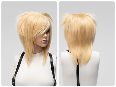 #ad Wigs Human Hair Blonde Emo Styled Full Density With Bangs Unisex Scene Edgy