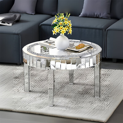 #ad Crystal Inlay Mirrored Coffee Table Sparking Silver Accent Table Sofa Side Table