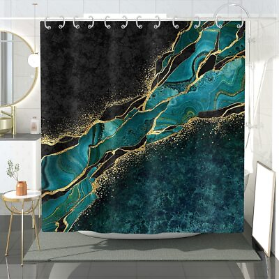 #ad Turquoise Shower Curtain Black Marble Gold Veins Malachite Green Exotic Moroc...