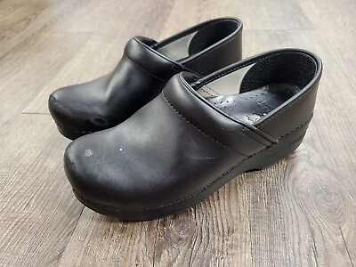 #ad Dansko Womens Black Leather Clogs Shoes Euro 37 Slip On US 6.5 7