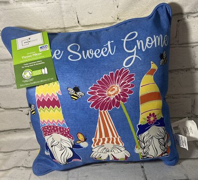 #ad “GNOME SWEET GNOME” Spring Gnomes Blue Outdoor Accent Decor Pillow 13.5” x 11”