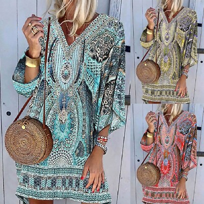 #ad Summer Bohemian V neck Long Sleeve Printed Casual Dress in Europe and America