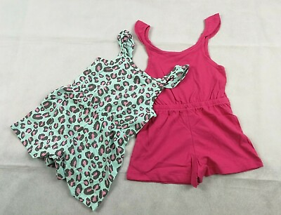 #ad 2 x Girls Playsuits Shorts Pink Turquoise Leopard 100% Cotton Age 1 2 Years New