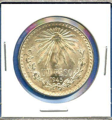 #ad 1945 Mexico 1 Un Peso Cap amp; Ray .720 Silver Coin Uncirculated Brilliant Gem