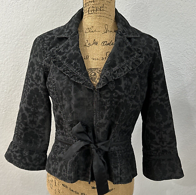#ad Free People Vintage Velvet Ruffle Brocade Jacket Womens Black size Small? READ