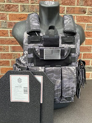 #ad Black Scorpion Camo Tactical Vest Plate Carrier W Plates 2 10x12 curved Plates