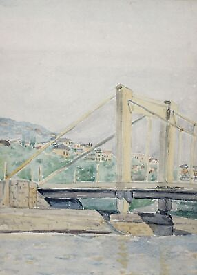 #ad Interesting impressionist watercolor painting city bridge landscape