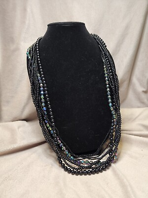 #ad Vintage multi strand beaded necklace Black Aurora Borealis Iridescent Glass