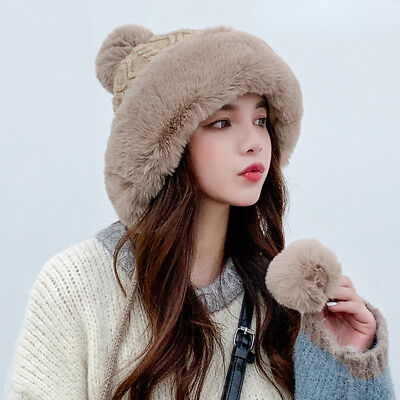 #ad Ladies Hat Warm Thick Bobble Knit Fleece Lined Faux Fur Beanie Cap Winter Ski