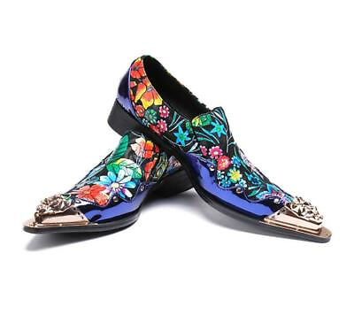 #ad Men#x27;s Fashion Metal Heads Pointy Toe Printed Leather Shoes Party Dress Shoes