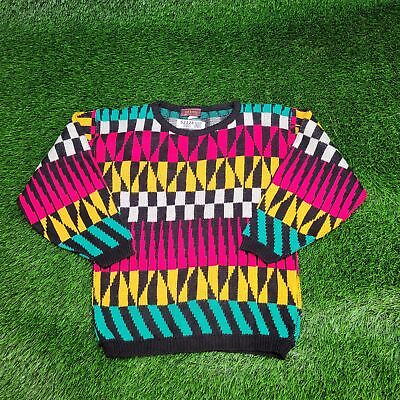 #ad Vintage 80s Harlequin Check Striped Knitted Sweater Womens M Pink White Yellow