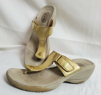 #ad Skechers Womens Tone Ups Flip Flop Thong Sandals Gold Wedge Heel sz 6