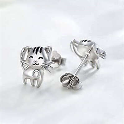 #ad Fashion Cat Women Jewelry Cubic Zirconia 925 Silver Plated Stud Earrings A Pair