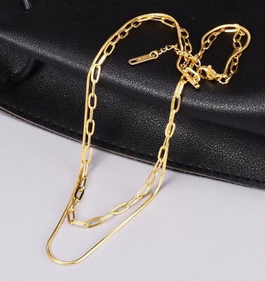 #ad Women Titanium Stainless Steel Paperclip Snake Chain Double Chain Necklace 15 17