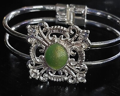 #ad Vintage Costume Jewelry Bracelet Silver Green Gemstone Bangle