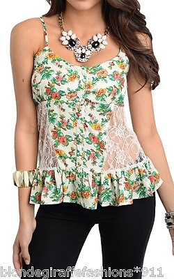 #ad Ivory Floral w Lace Inset Sides Peplum Button Front Cami Blouse Top S M L