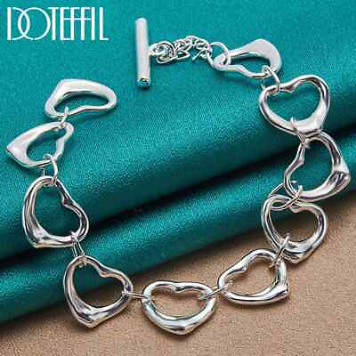 #ad DOTEFFIL 925 Sterling Silver Solid Full Heart Chain Bracelet Party Charm Jewelry