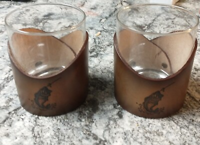 #ad Leather Wrapped Whiskey Glasses Large Mouth Bass Engraved Lot Of 2