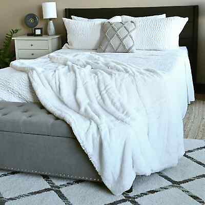 #ad HOMESMART White Stock Solid Double Layers Ultra Soft Faux Rabbit Hair Throw