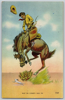 #ad Linen Postcard Art Ride #x27;Em Cowboy Ride Em Bucking Bronco Horse Western