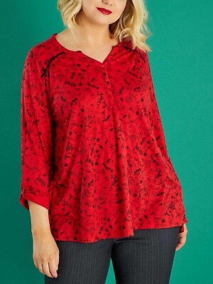 #ad Long jersey Henley Top Plus Size 18 20 22 24 26 28 30 32 Red Floral blouse 488