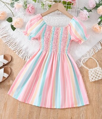 #ad NEW Pastel Stripe Girls Smocked Puff Sleeve Dress 3T 4T 5T 6 7