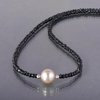#ad Bright Black Spinel Natural Freshwater Pearl 18quot; Beads Sterling Silver Necklace
