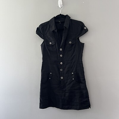 #ad Vintage Y2K Guess Black Linen Mini Dress Short Sleeve Size Medium