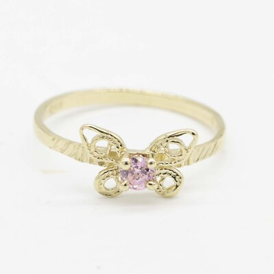 #ad Kids Pink Amethyst Butterfly Pinky Ring Real 10K Yellow Gold Size 4