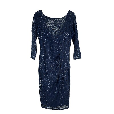 #ad NWT Marina Sequin Lace Dress Round Neck 3 4 Sleeve Ruched Navy Women Size 8