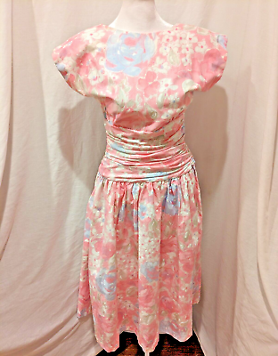 #ad Vintage Patty O#x27;Neil Pastel Floral Cotton Midi Dress Cinch Waist Women Sz 10 Bow