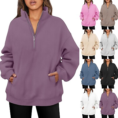 #ad Half Zip Pullover Tops Womens Oversized Solid Stand Collar Sweatshirts w Pockets