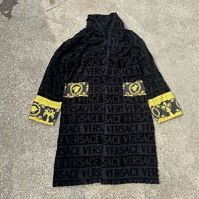 #ad Versace Bath Robe Mens Extra Large Black Baroque Gold Medusa Robe