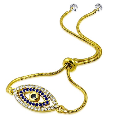 #ad Stainless Steel CZ Evil Eye Protection Adjustable Snake Chain Bracelet