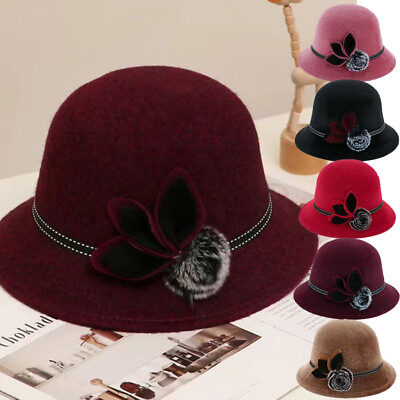 #ad Women Ladies Retro Imitation Wool Flower Felt Hat Winter Cloche Bucket Cap Hat