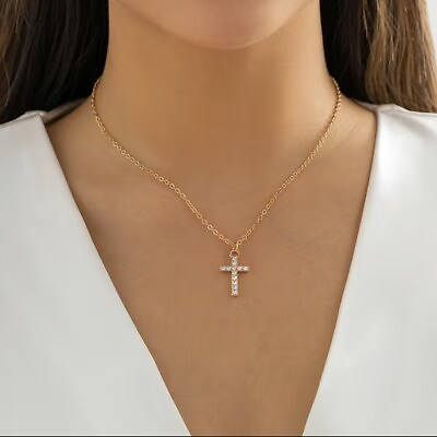 #ad Fashion Stainless Gold Plated 24quot; Diamond Cut Rosary Jesus Cross Charm Necklace